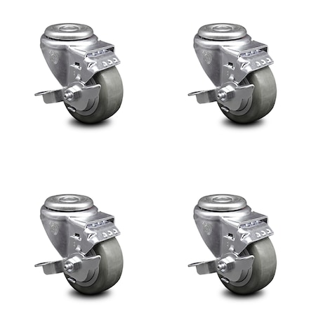 Service Caster 3 Inch Gray Polyurethane Wheel Swivel Bolt Hole Caster Set with Brake SCC SCC-BH20S314-PPUB-TLB-4